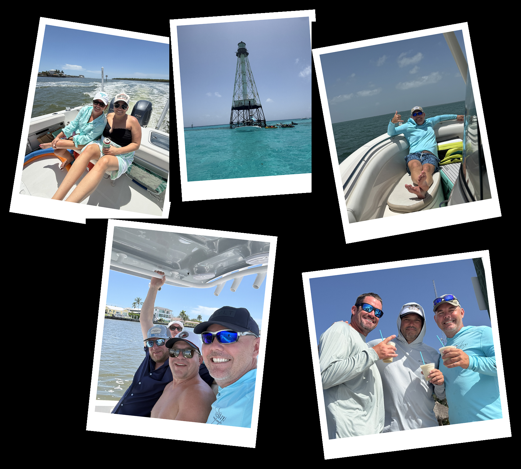 Collage of photos from a family and friends boat trip in the Florida Keys