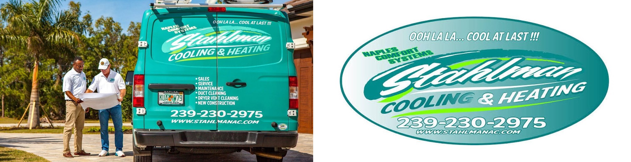 Stahlman Heating and Cooling technicians and service van, alongside the Stahlman oval logo